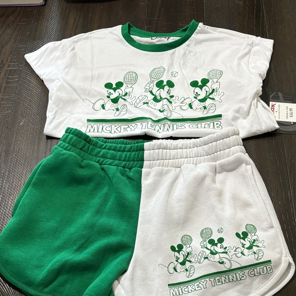 Disney Green & White Mickey Tennis Club Tee and Two-Tone Shorts